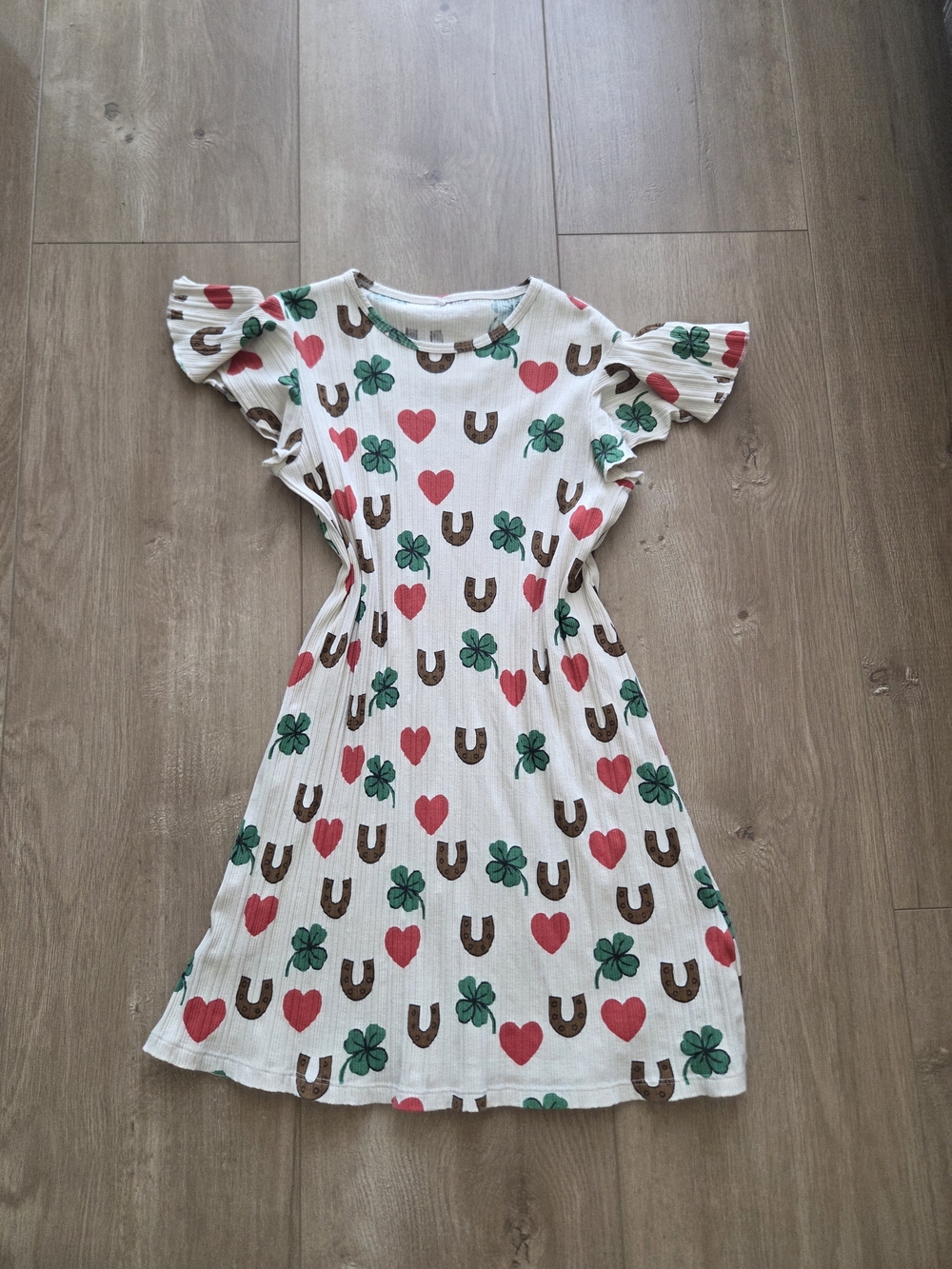 Mini Rodini Cream Knit Dress with Hearts & Clover Print